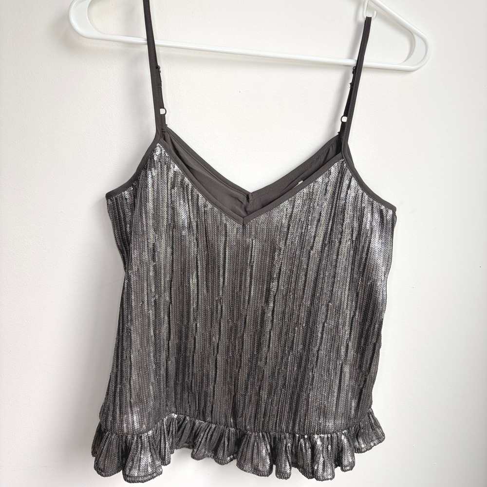 Anthropologie NWT Sequin Camisole 4 Glam Silver Ruffle Hem Metallic Tank Top